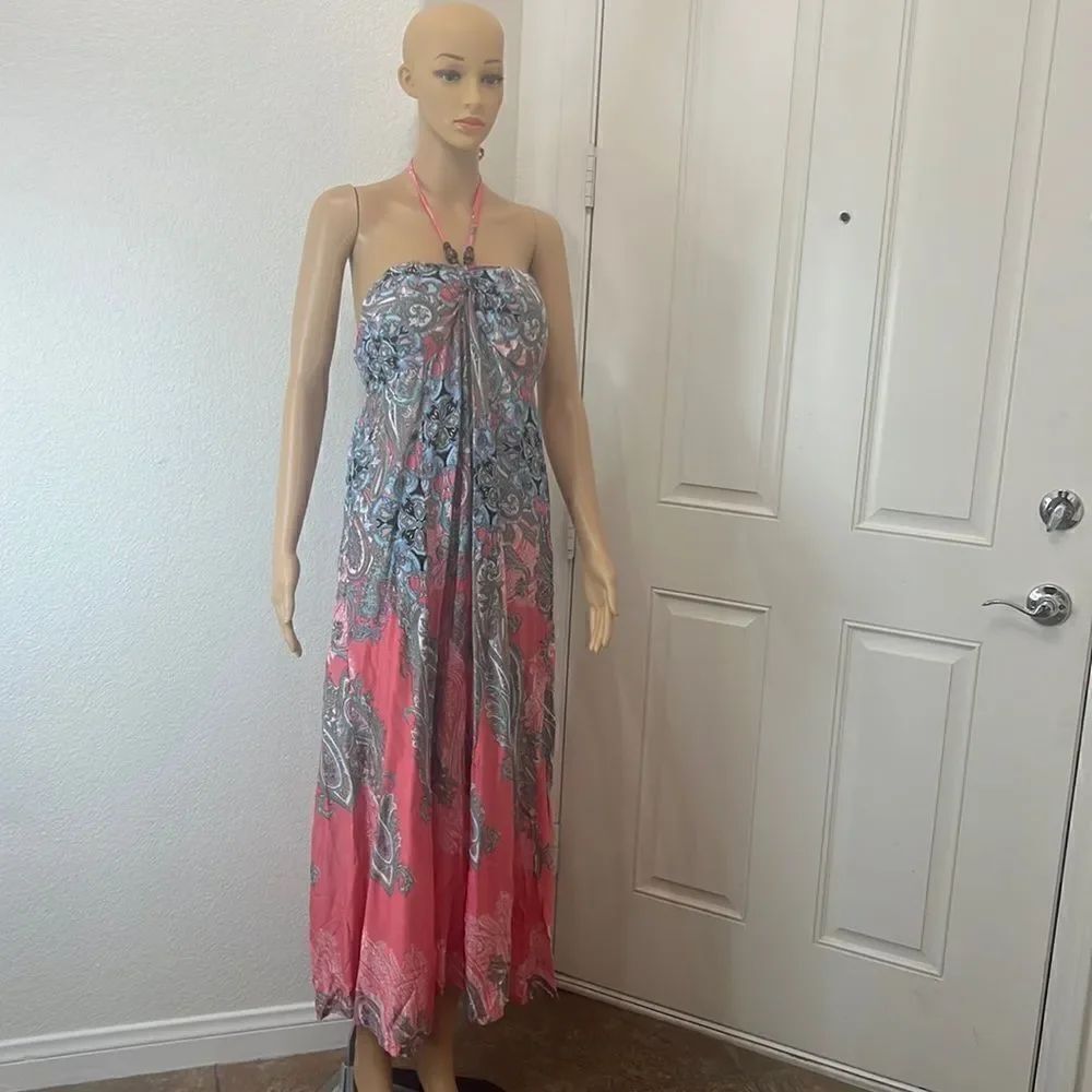 Sahiba Dress Halter Beaded Tie Neck Elastic Back Orange Paisley Blue Summer Pool